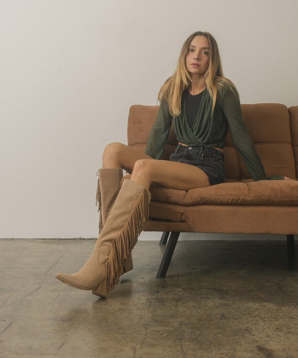 OASIS SOCIETY OUT WEST - Knee-High Fringe Boots - PureLove Designs LLC