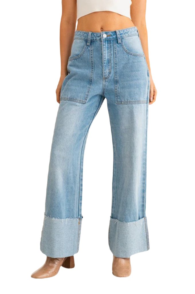 High-Waisted Wide Leg Cuffed Jeans - PureLove Designs LLC