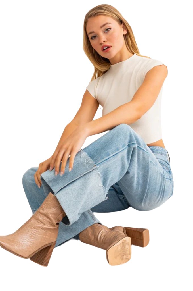 High-Waisted Wide Leg Cuffed Jeans - PureLove Designs LLC