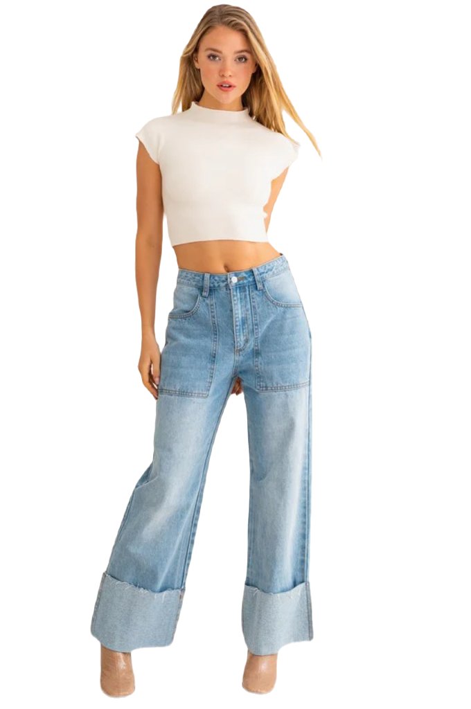 High-Waisted Wide Leg Cuffed Jeans - PureLove Designs LLC