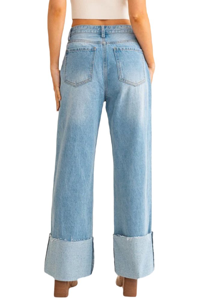 High-Waisted Wide Leg Cuffed Jeans - PureLove Designs LLC