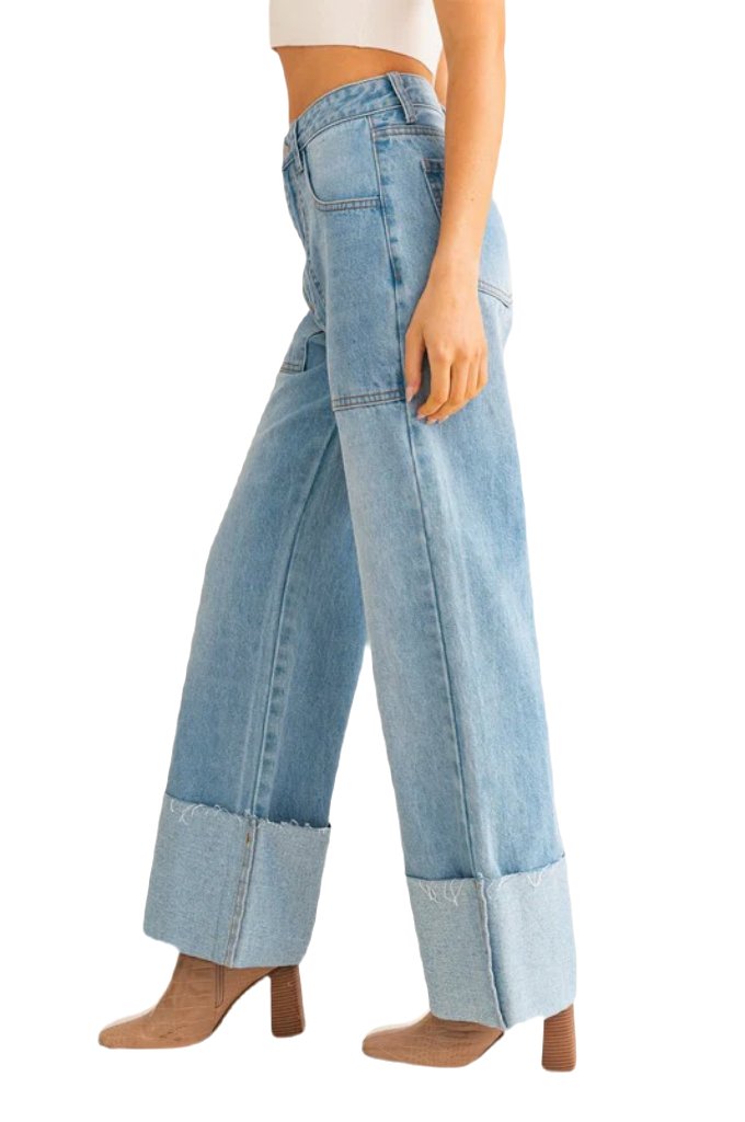 High-Waisted Wide Leg Cuffed Jeans - PureLove Designs LLC