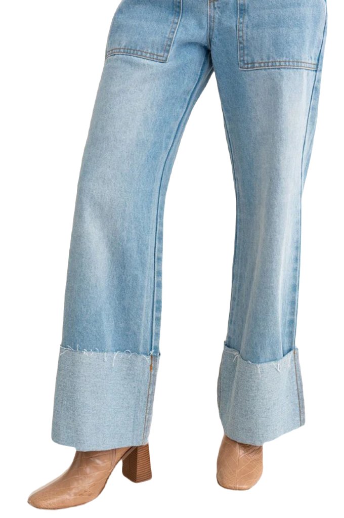 High-Waisted Wide Leg Cuffed Jeans - PureLove Designs LLC
