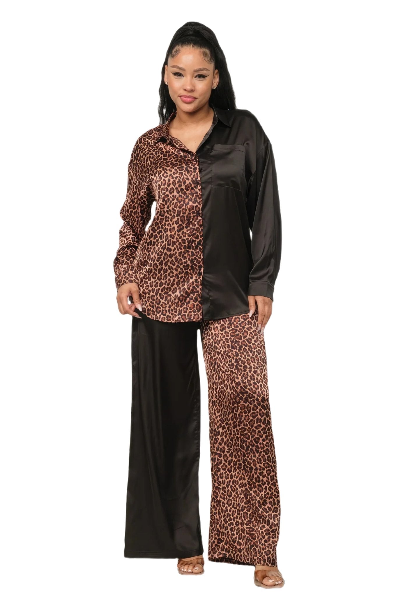 Half Animal Print And Half Solid Top And Pants Set - PureLove Designs LLC