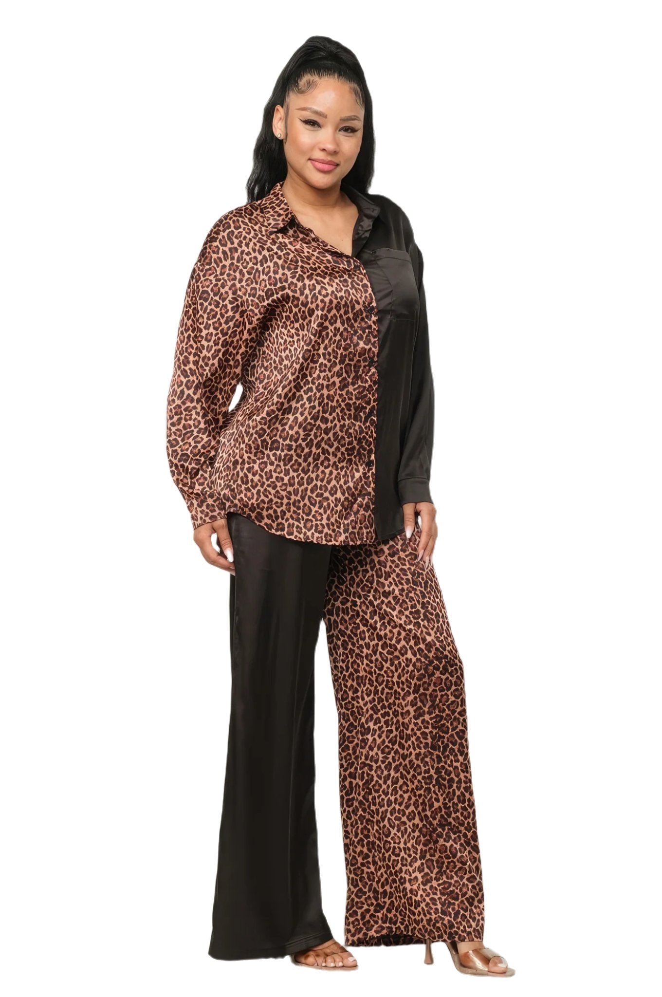 Half Animal Print And Half Solid Top And Pants Set - PureLove Designs LLC