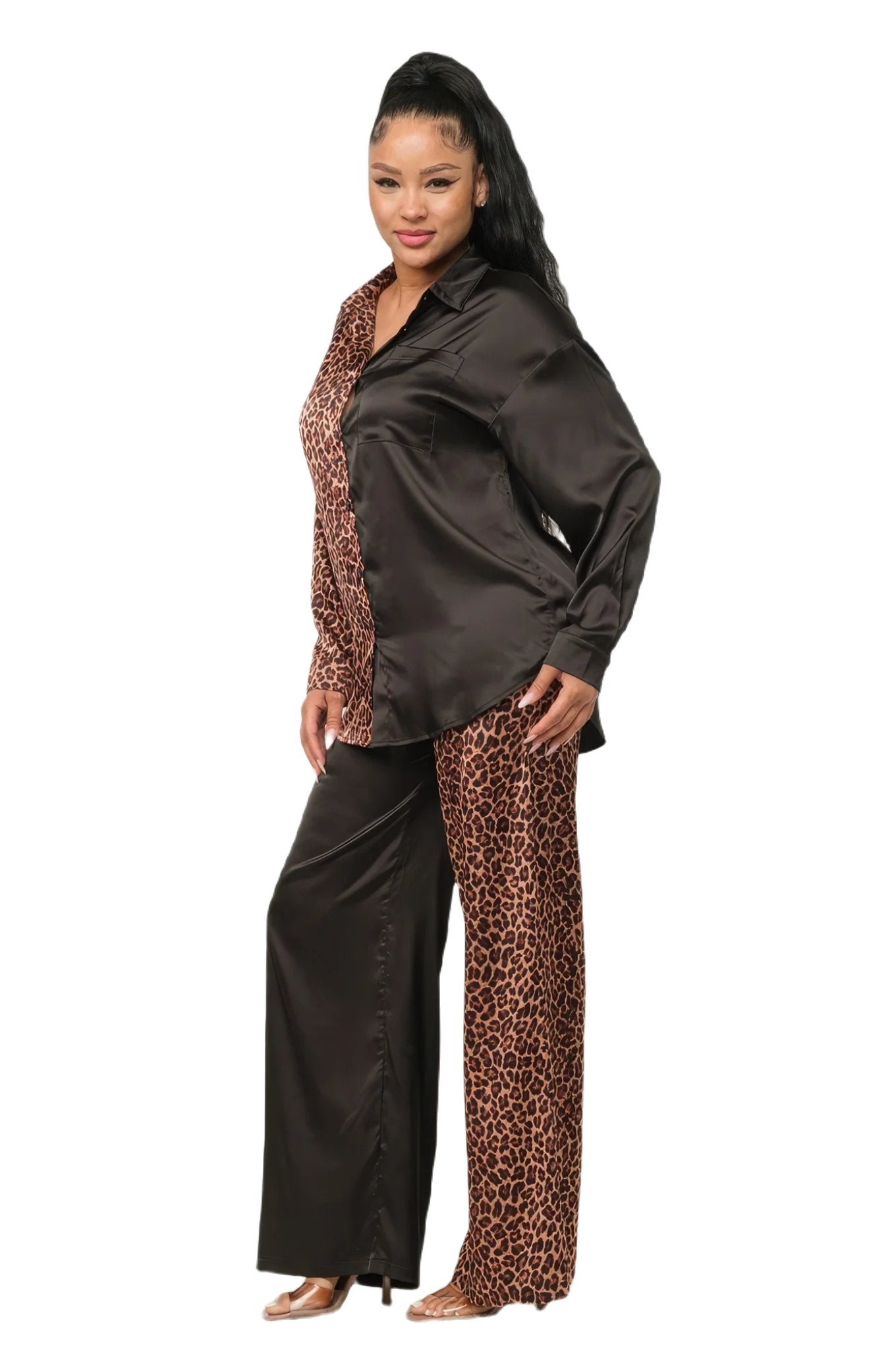 Half Animal Print And Half Solid Top And Pants Set - PureLove Designs LLC