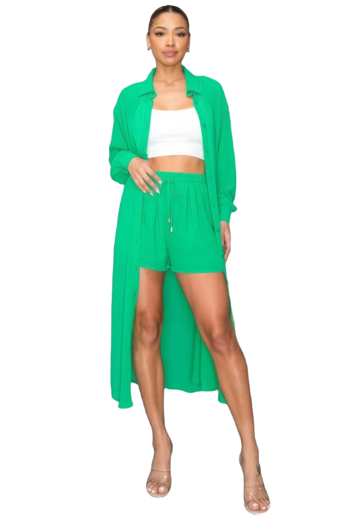 Chiffon Button Down Long Sleeve Side Slit Long Top With Short Set - PureLove Designs LLC