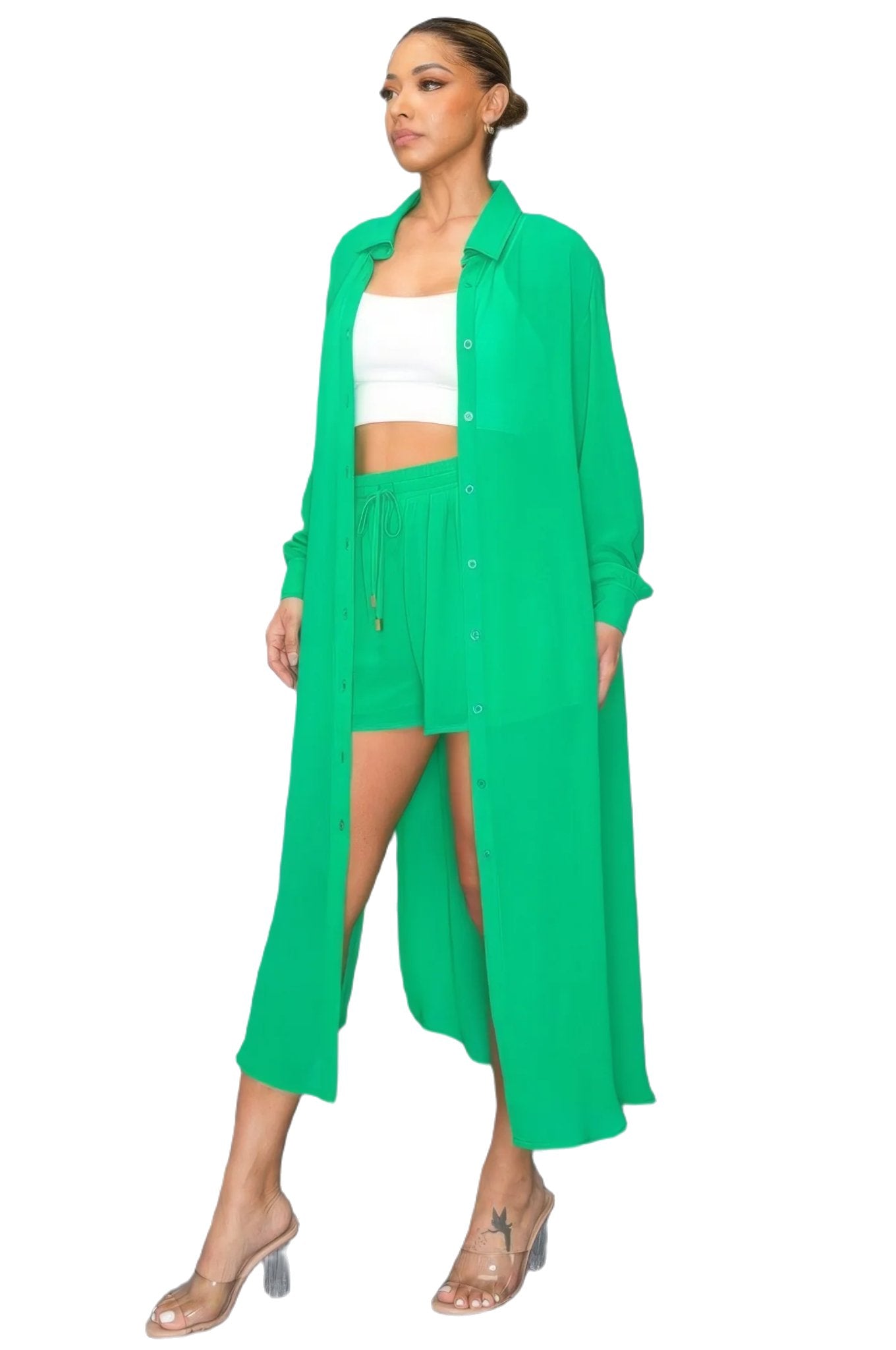 Chiffon Button Down Long Sleeve Side Slit Long Top With Short Set - PureLove Designs LLC