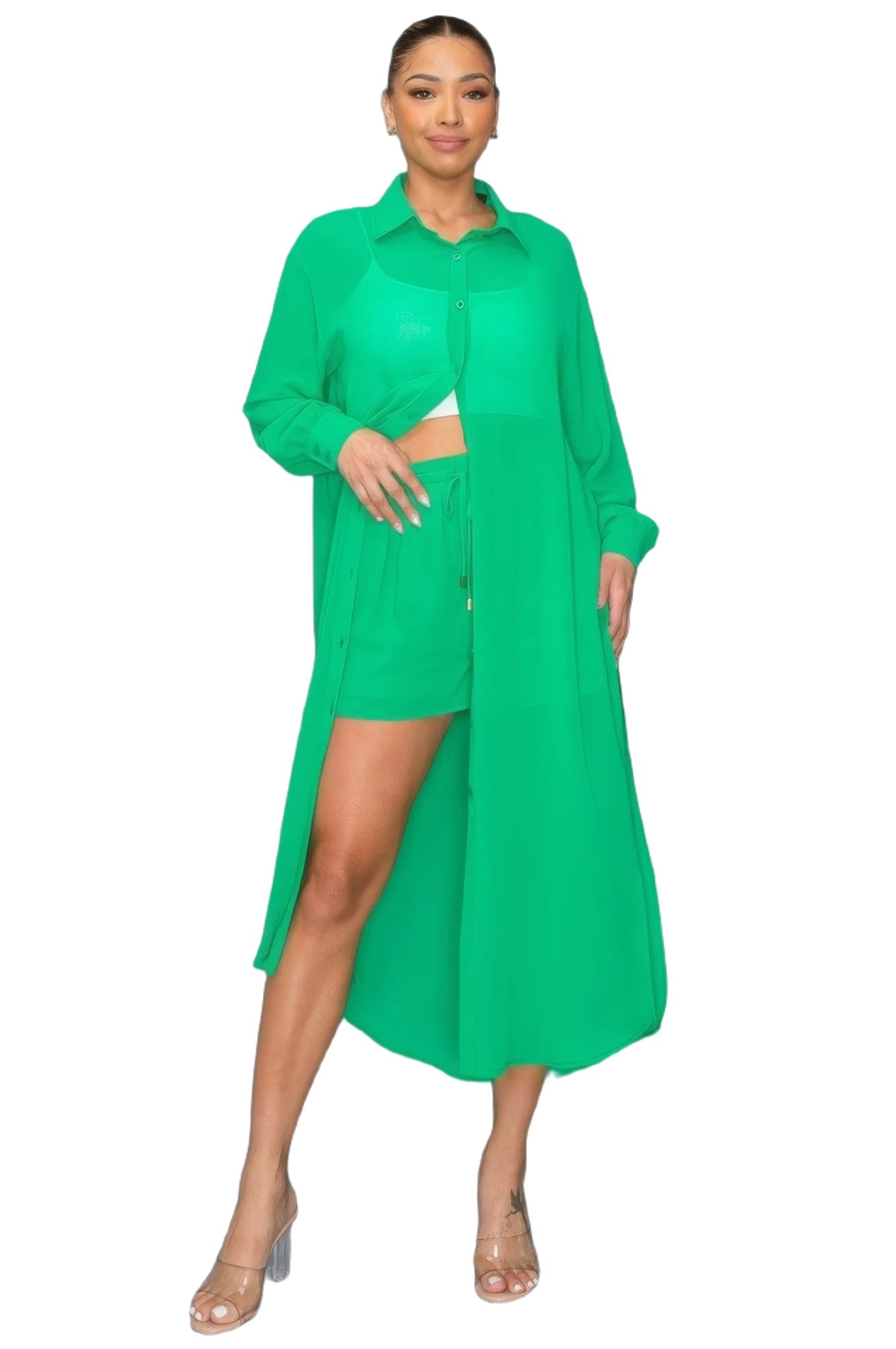 Chiffon Button Down Long Sleeve Side Slit Long Top With Short Set - PureLove Designs LLC