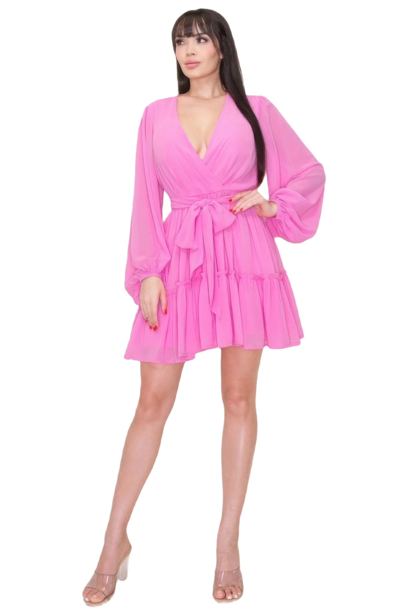 Chiffon Long Sleeve Ruffled Tie Waist Skater Dress - PureLove Designs LLC