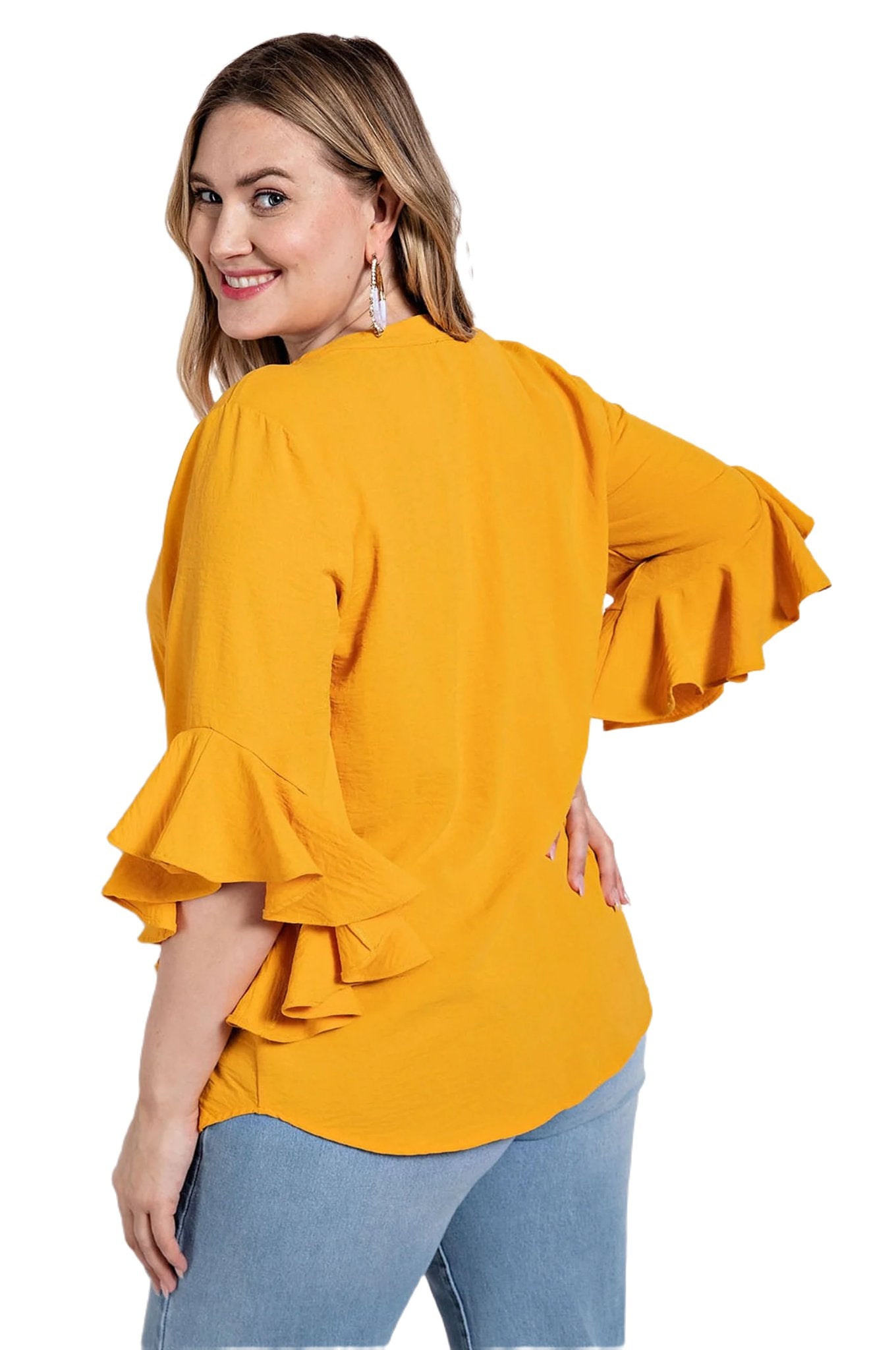 Ruffled Bell Sleeve And Front Pleated Detail Top - PureLove Designs LLC