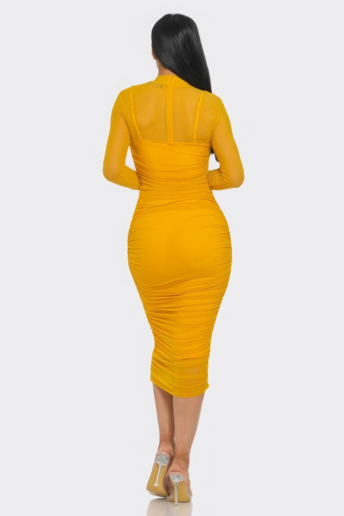 Solid Mesh Ruched Midi Dress - PureLove Designs LLC