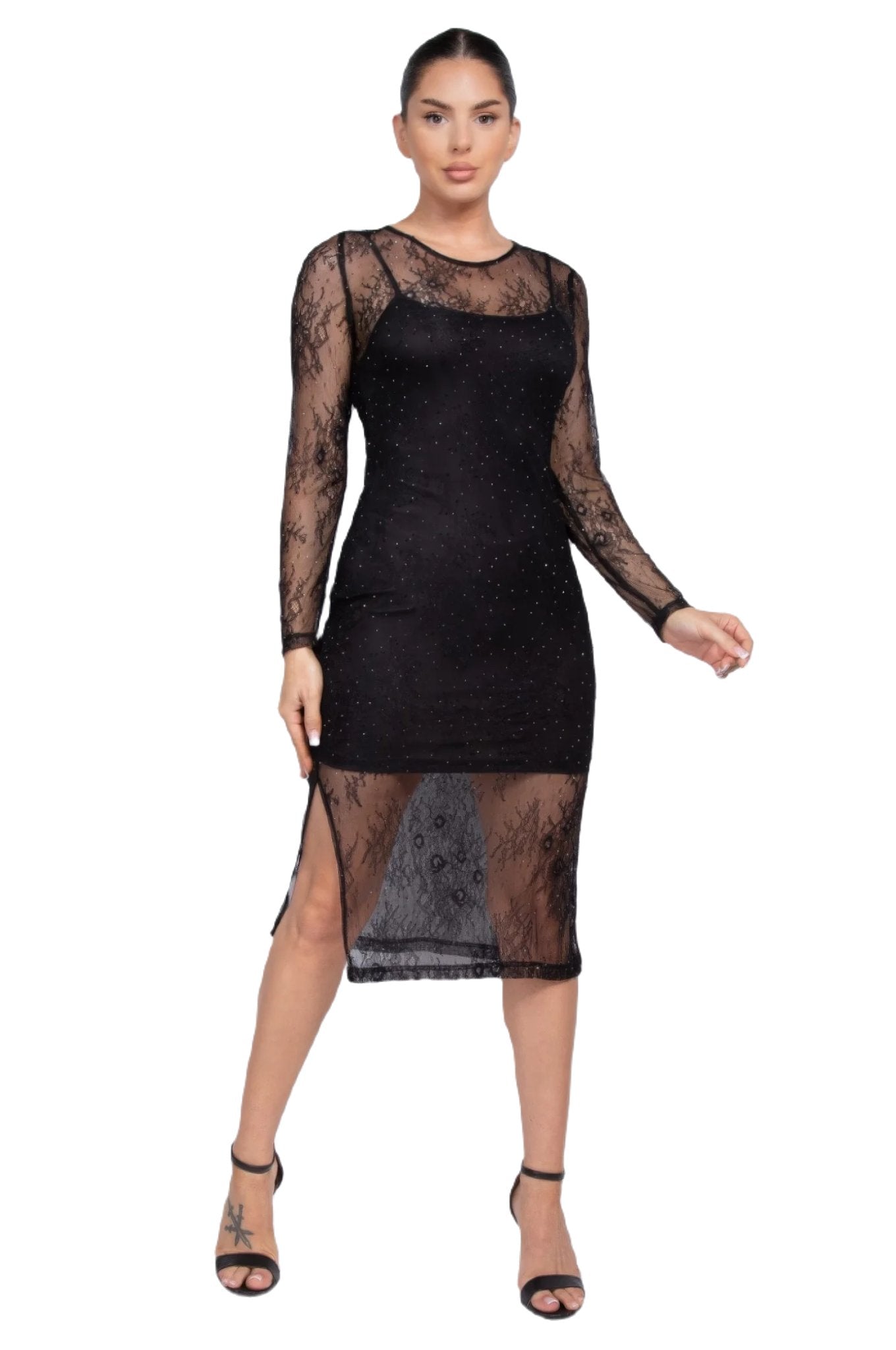 Lace Rhinestone-studded Slit Midi Dress - PureLove Designs LLC