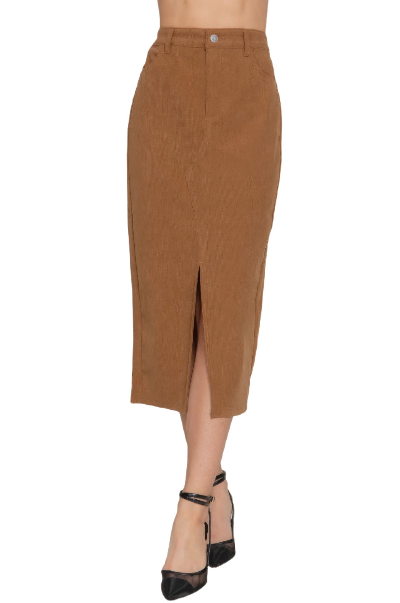 Front Open Slit Corduroy Midi Skirt - PureLove Designs LLC