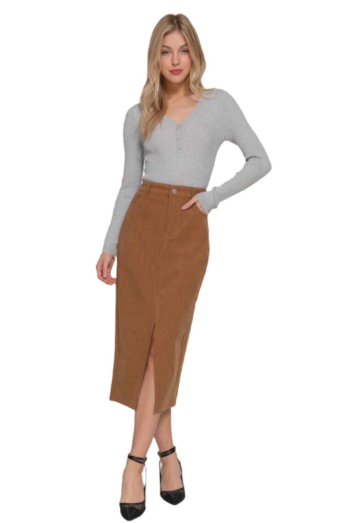 Front Open Slit Corduroy Midi Skirt - PureLove Designs LLC
