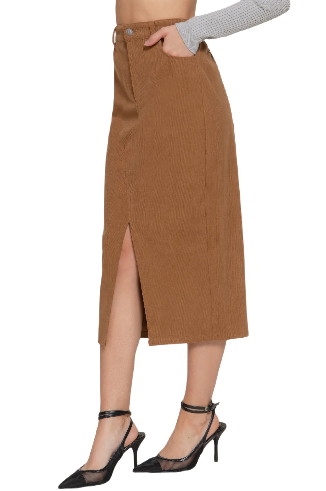 Front Open Slit Corduroy Midi Skirt - PureLove Designs LLC