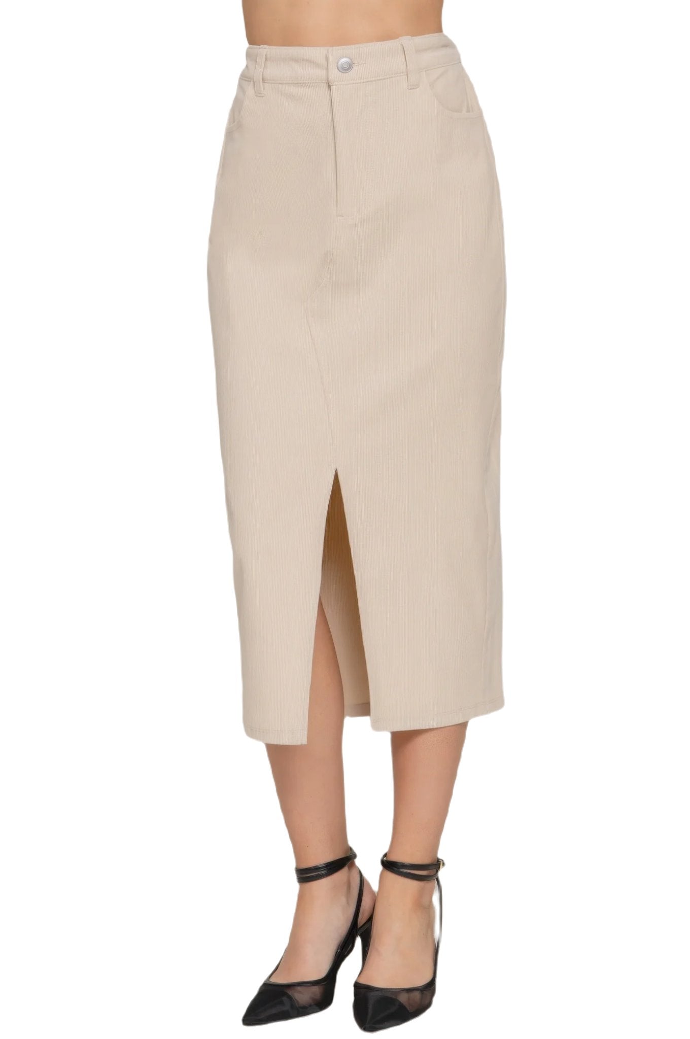 Front Open Slit Corduroy Midi Skirt - PureLove Designs LLC