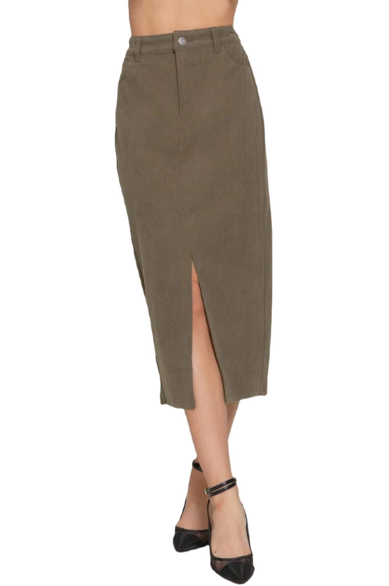 Front Open Slit Corduroy Midi Skirt - PureLove Designs LLC