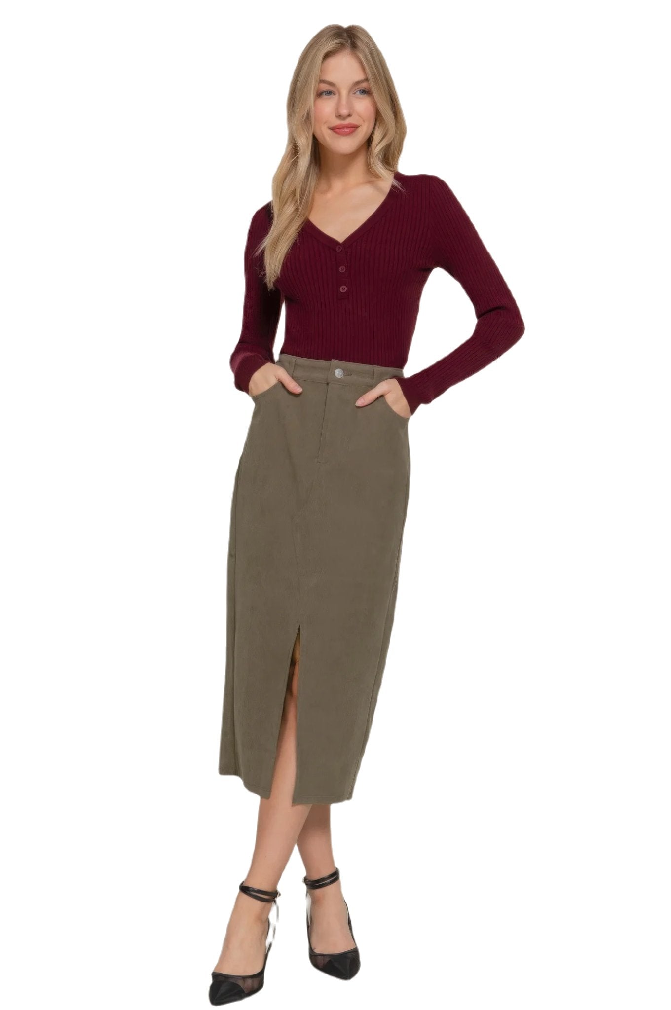Front Open Slit Corduroy Midi Skirt - PureLove Designs LLC