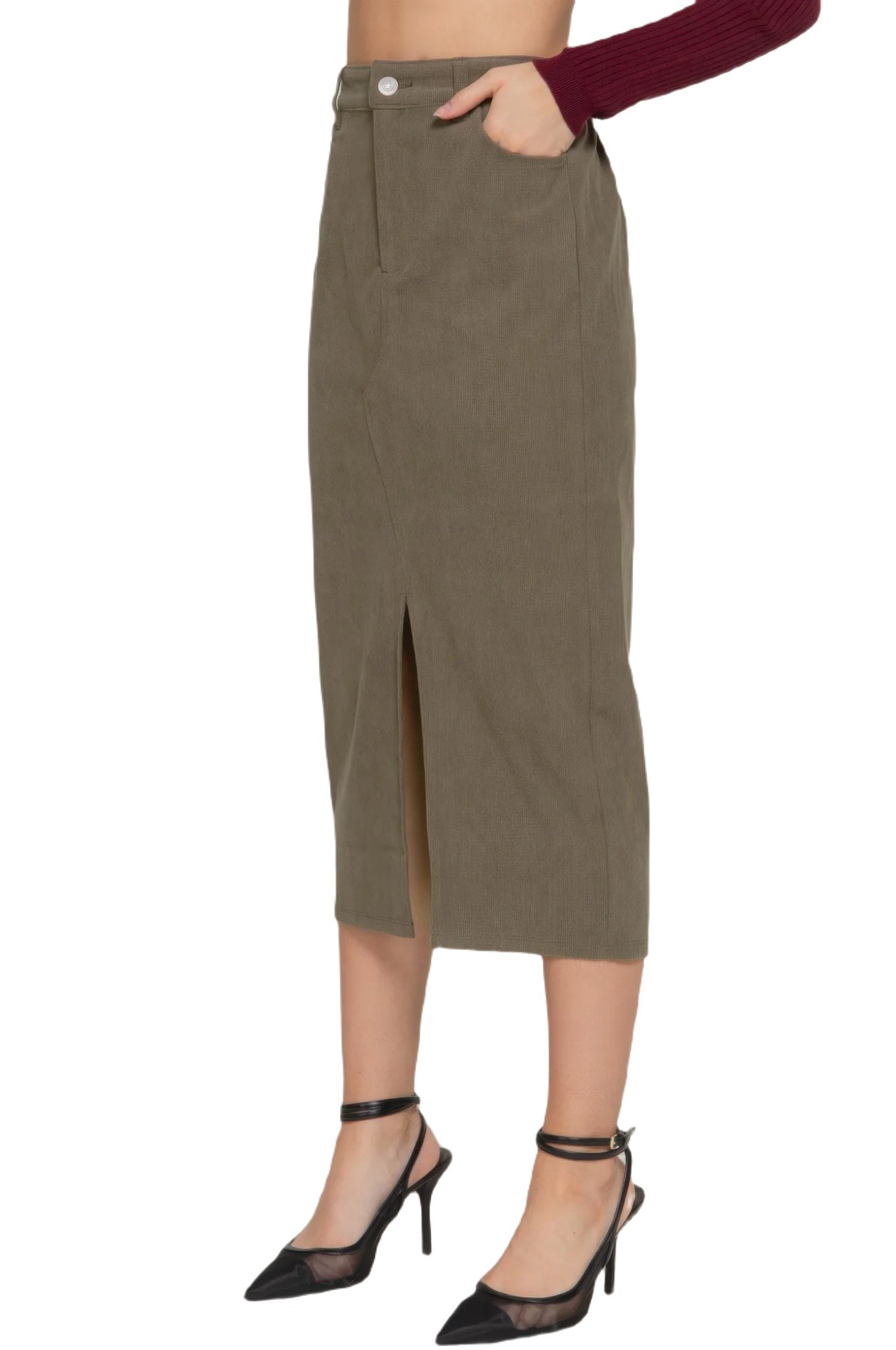 Front Open Slit Corduroy Midi Skirt - PureLove Designs LLC