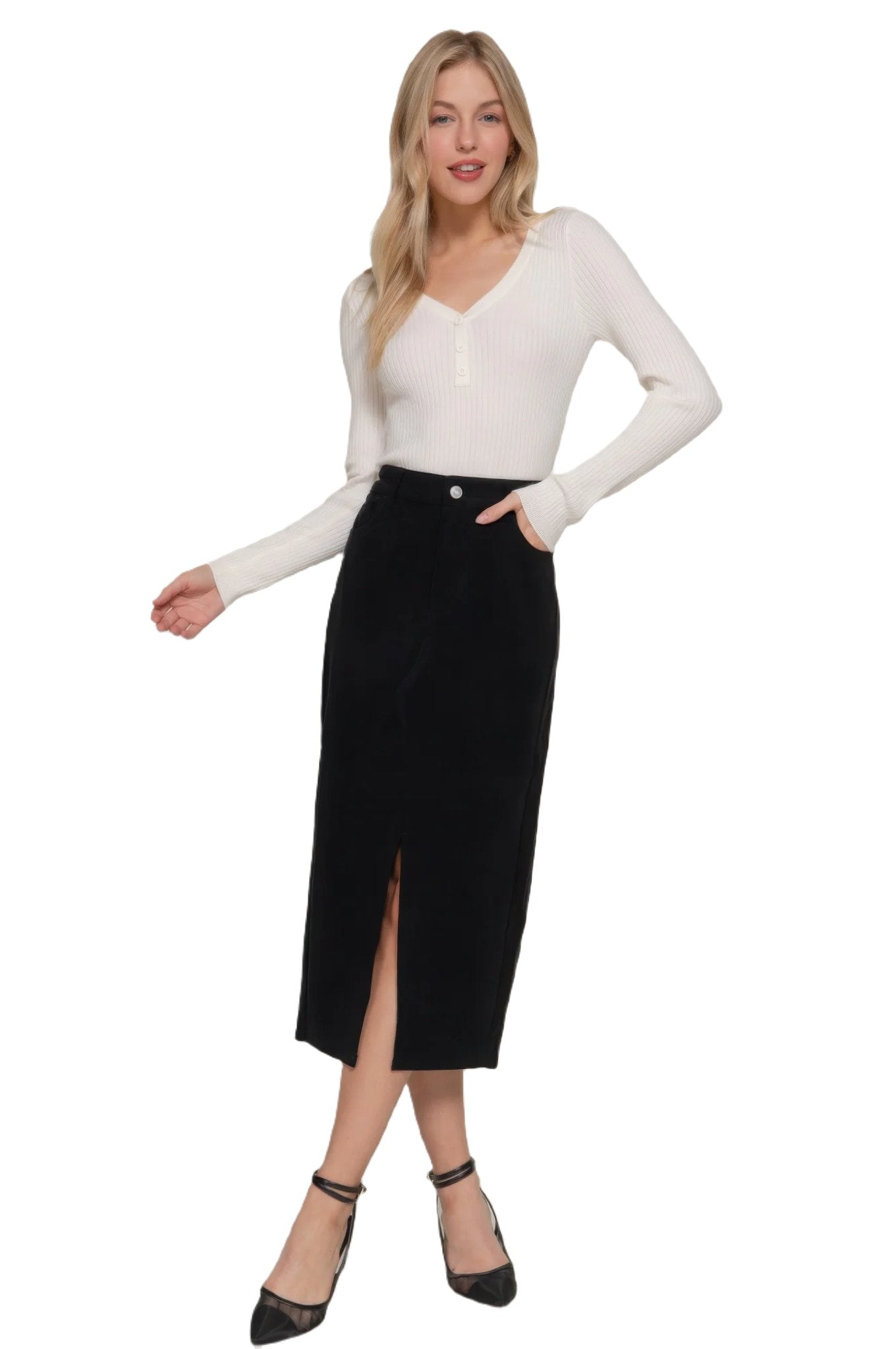 Front Open Slit Corduroy Midi Skirt - PureLove Designs LLC