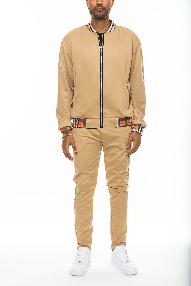 Checkered Detail Track Jacket Set (Black, White, Khaki, Burgundy) - PureLove Designs LLC