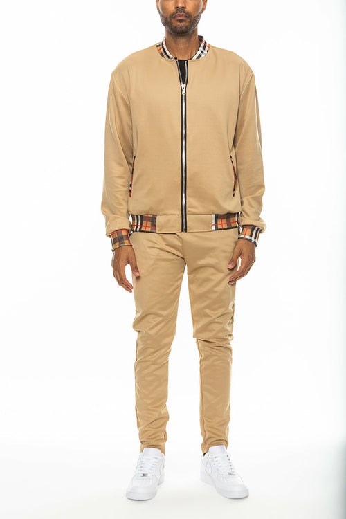 Checkered Detail Track Jacket Set (Black, White, Khaki, Burgundy) - PureLove Designs LLC