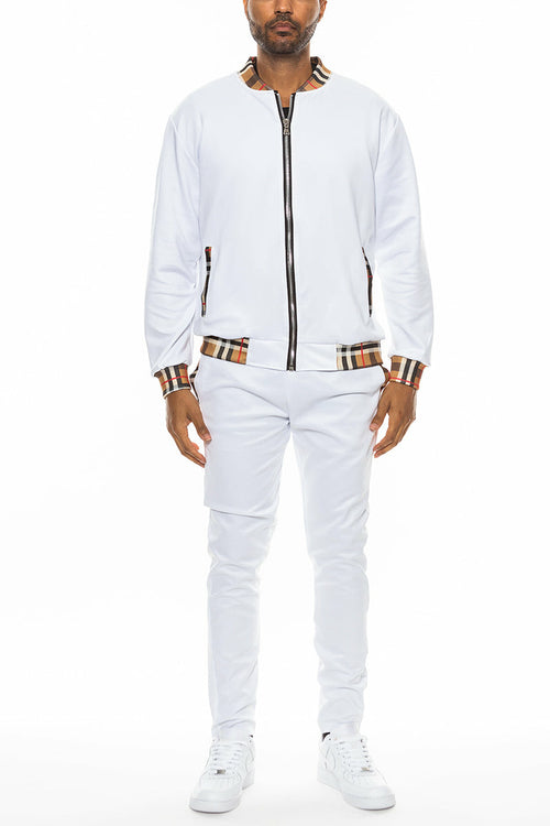Checkered Detail Track Jacket Set (Black, White, Khaki, Burgundy) - PureLove Designs LLC