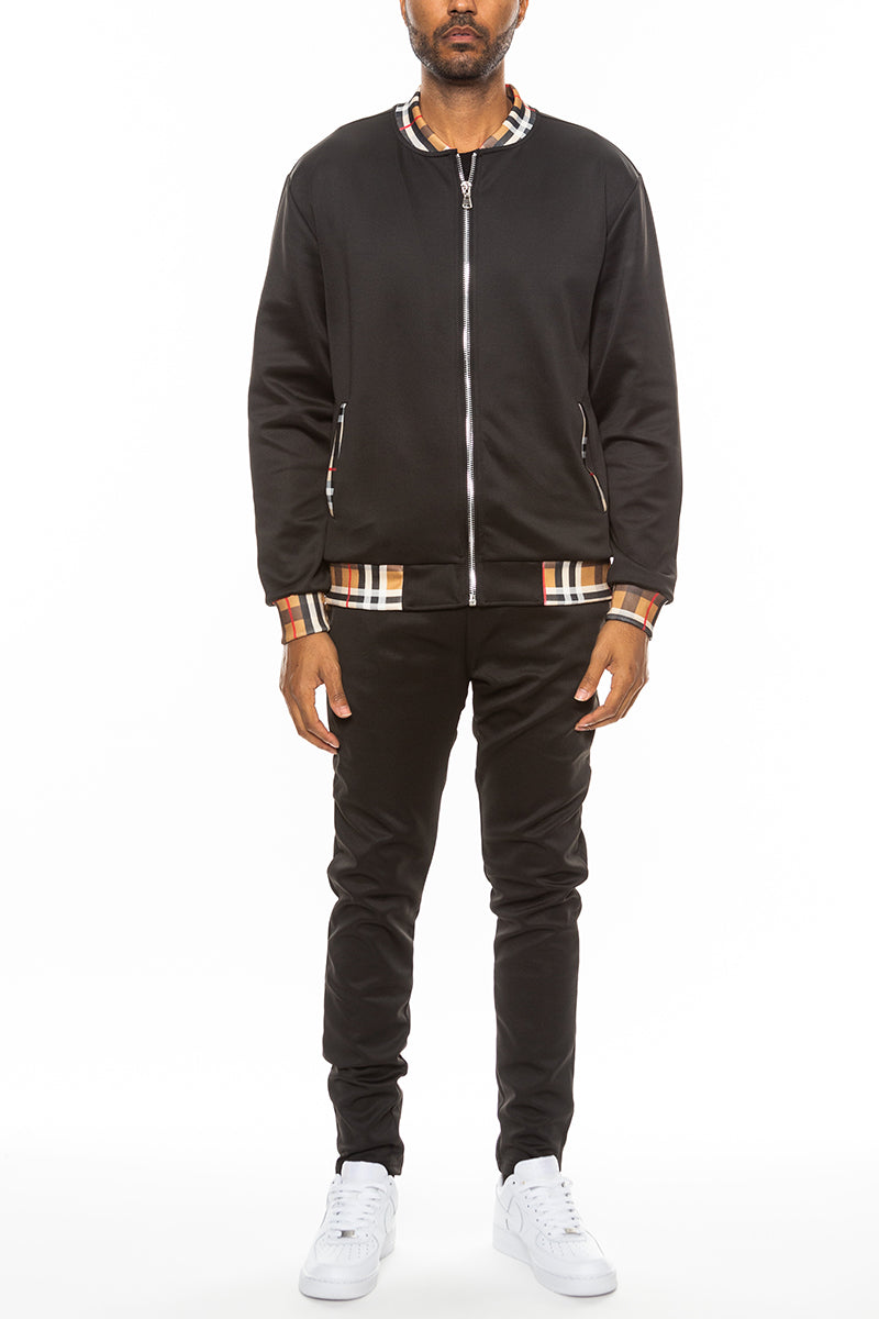 Checkered Detail Track Jacket Set (Black, White, Khaki, Burgundy) - PureLove Designs LLC