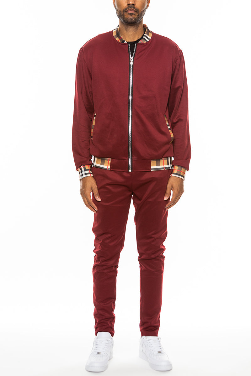 Checkered Detail Track Jacket Set (Black, White, Khaki, Burgundy) - PureLove Designs LLC