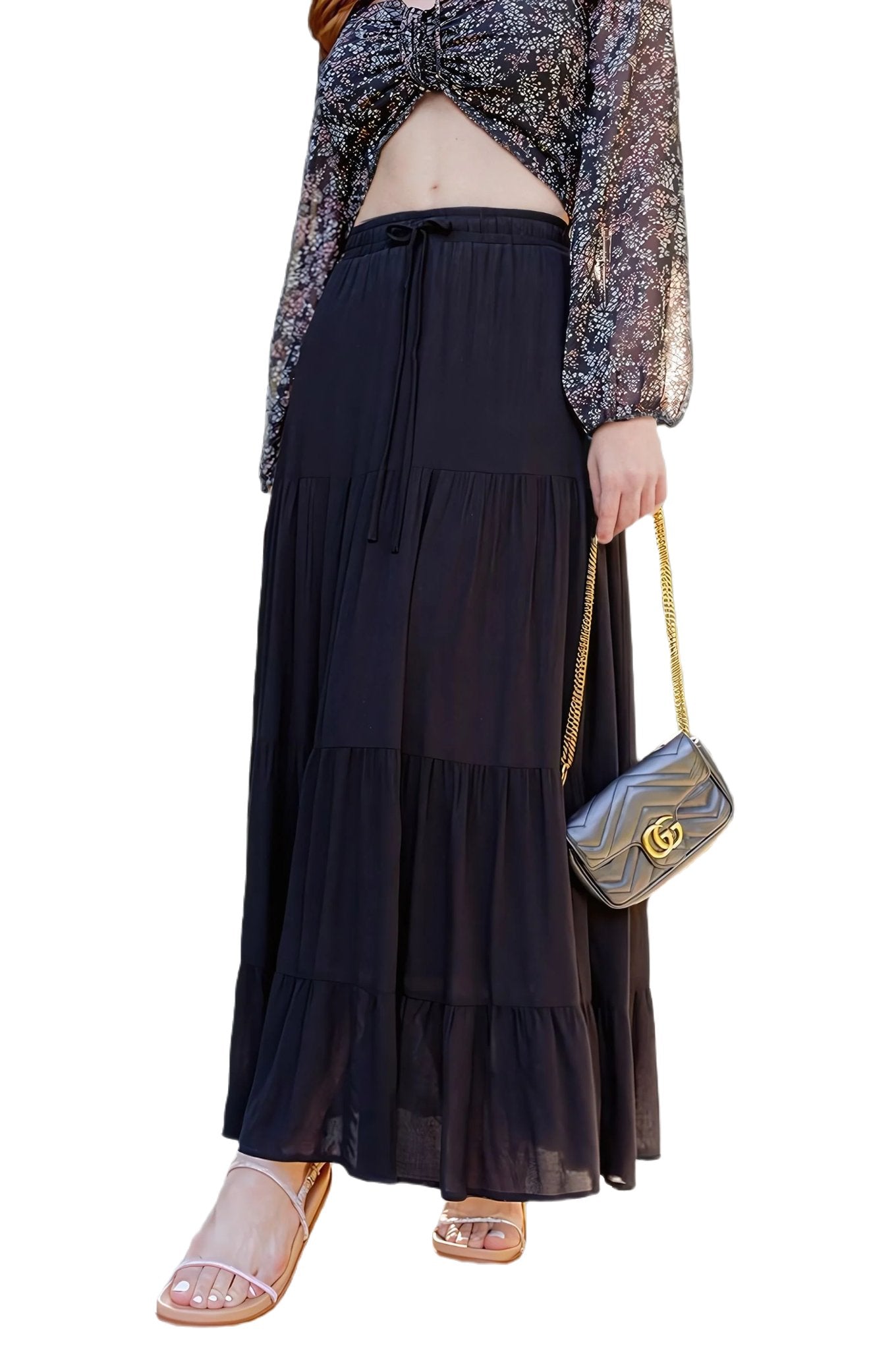 Solid Maxi Skirt, Boho Skirt, Tiered skirt in Black - PureLove Designs LLC
