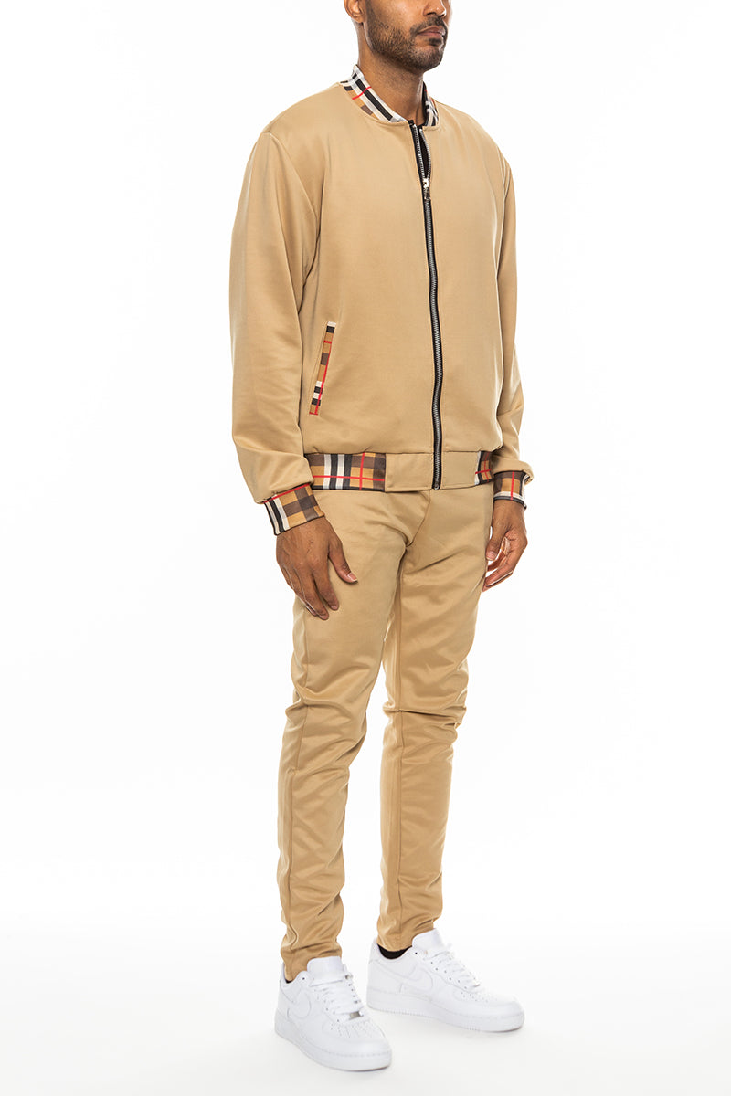 Checkered Detail Track Jacket Set (Black, White, Khaki, Burgundy) - PureLove Designs LLC
