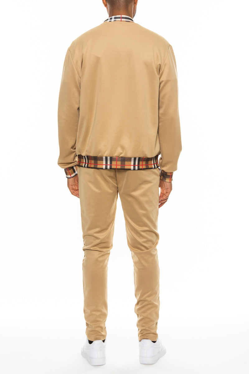 Checkered Detail Track Jacket Set (Black, White, Khaki, Burgundy) - PureLove Designs LLC