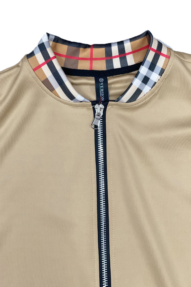 Checkered Detail Track Jacket Set (Black, White, Khaki, Burgundy) - PureLove Designs LLC