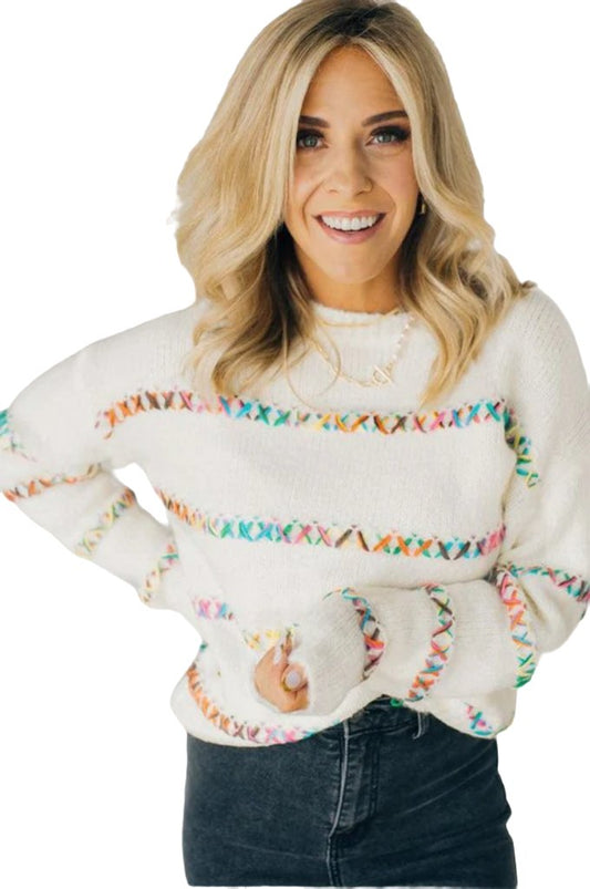 White Crossed Stitch Drop Shoulder Sweater - PureLove Designs LLC