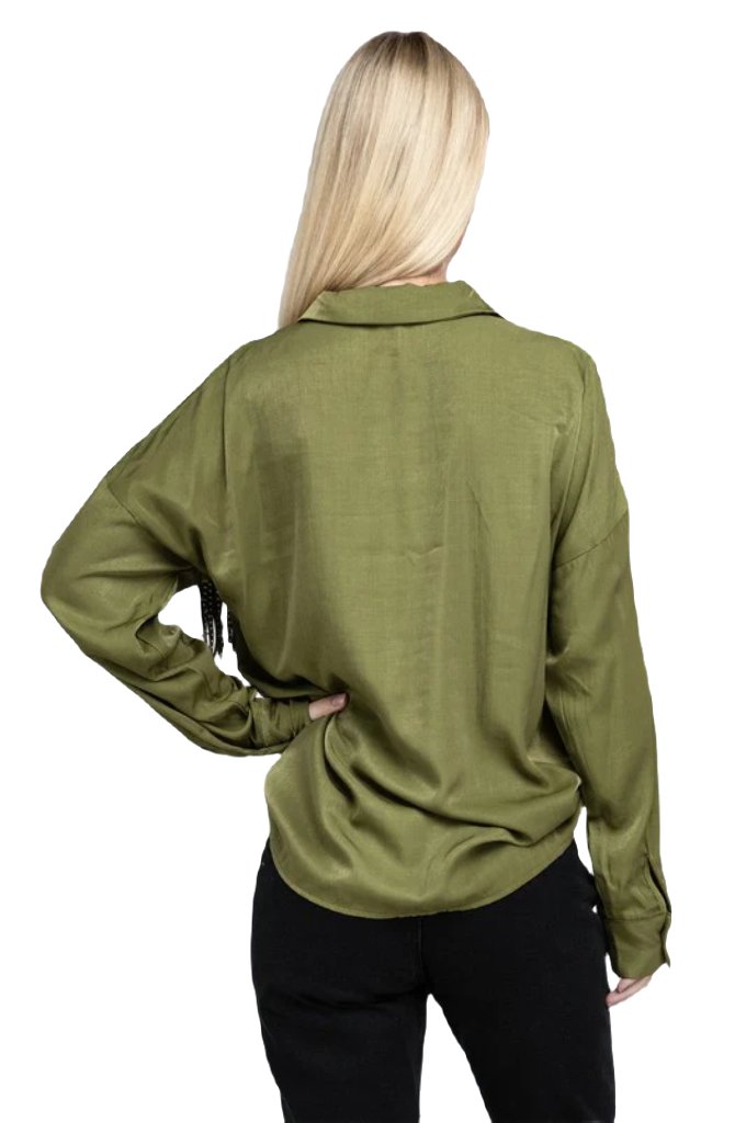 Fringe Trim Satin Shirt - PureLove Designs LLC