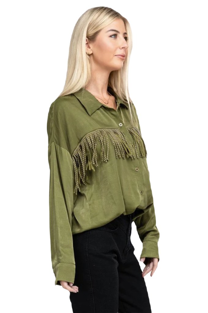 Fringe Trim Satin Shirt - PureLove Designs LLC