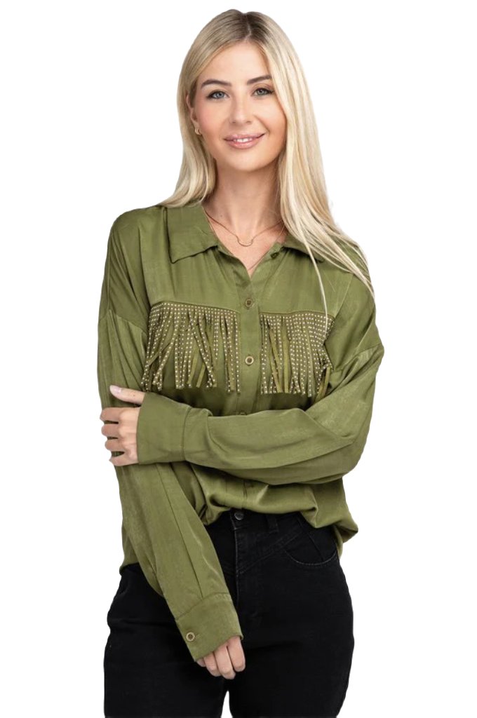Fringe Trim Satin Shirt - PureLove Designs LLC