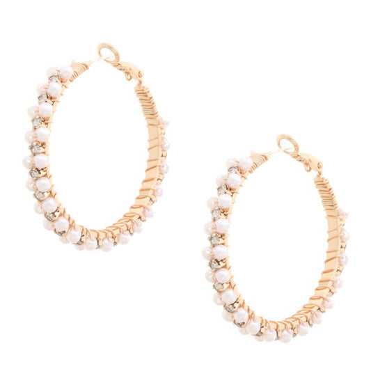 Pearl Bead Rhinestone Wire Wrapped Hoop Earring - PureLove Designs LLC
