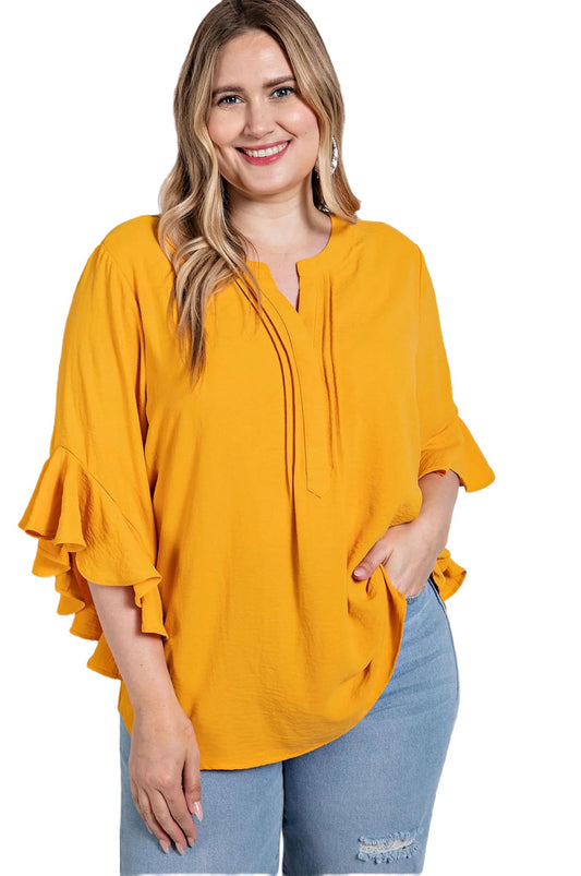 Ruffled Bell Sleeve And Front Pleated Detail Top - PureLove Designs LLC