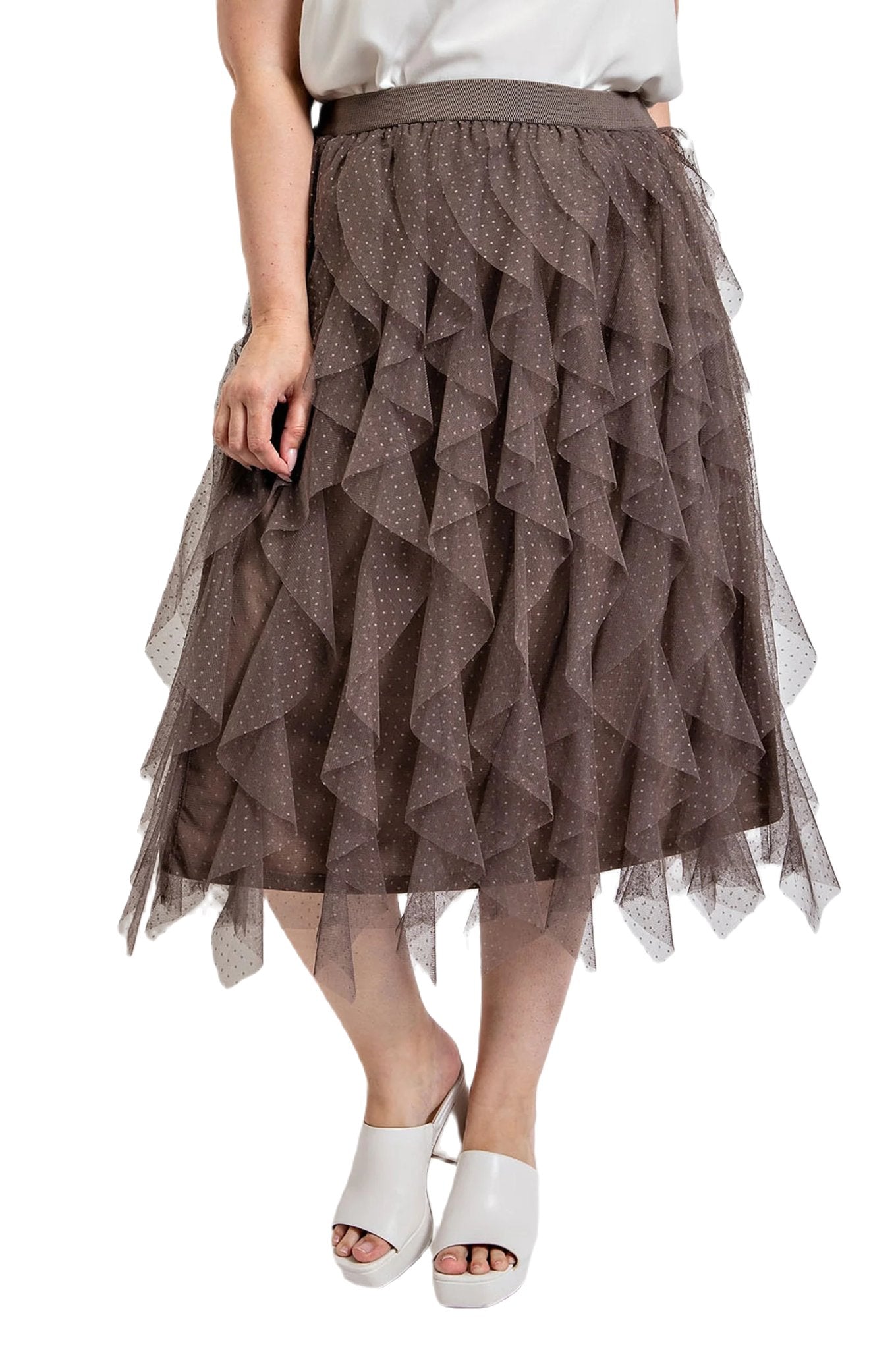 Ruffled Tulle Midi Skirt With Elastic Waist Band - PureLove Designs LLC