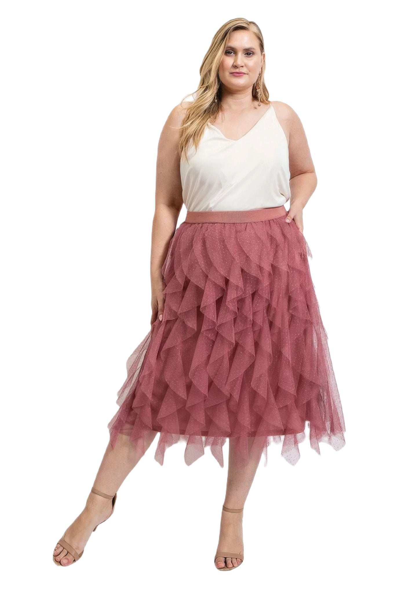 Ruffled Tulle Midi Skirt With Elastic Waist Band - PureLove Designs LLC