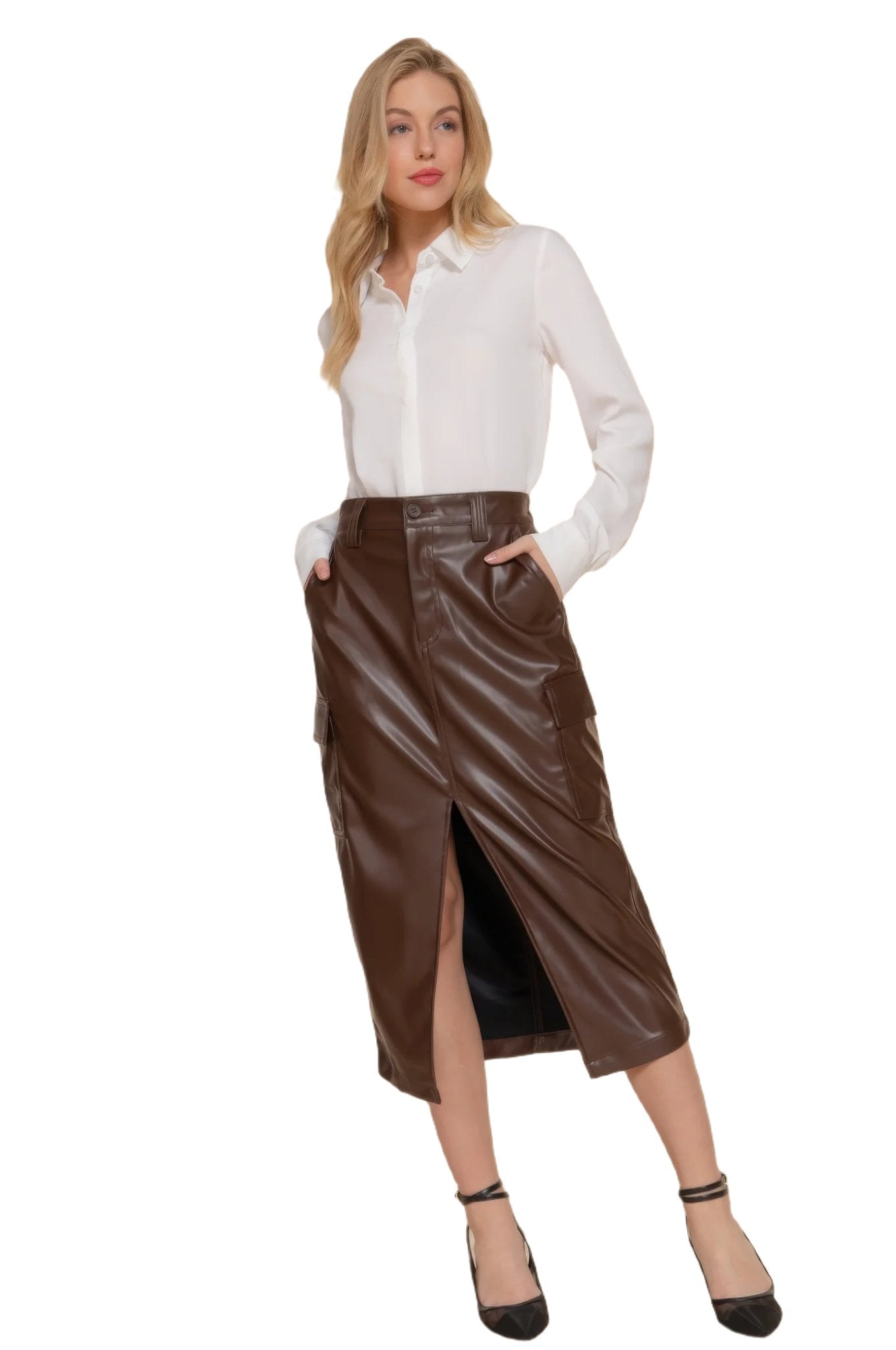 Faux Leather Midi Cargo Skirt - PureLove Designs LLC