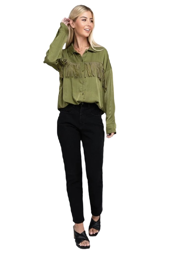 Fringe Trim Satin Shirt - PureLove Designs LLC