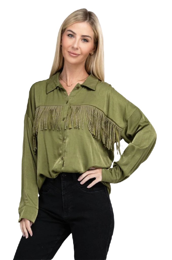 Fringe Trim Satin Shirt - PureLove Designs LLC