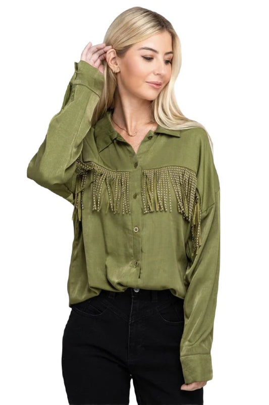 Fringe Trim Satin Shirt - PureLove Designs LLC