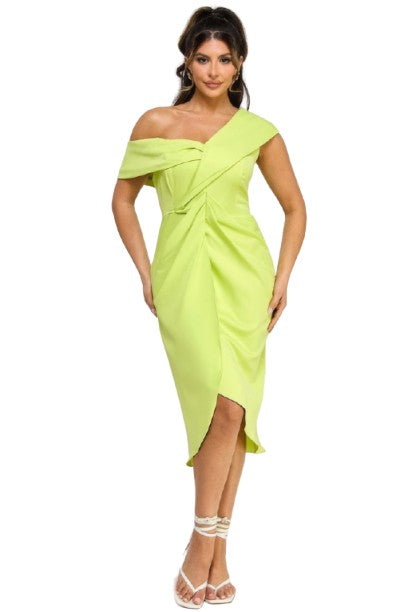 Off Shoulder Twist Front Midi Dress With Tulip Skirt - PureLove Designs LLC